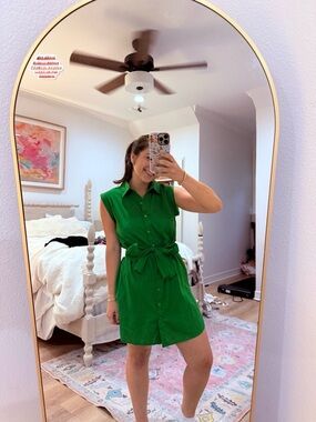 Green Sleeveless Tie-Waist Mini Shirt Dress